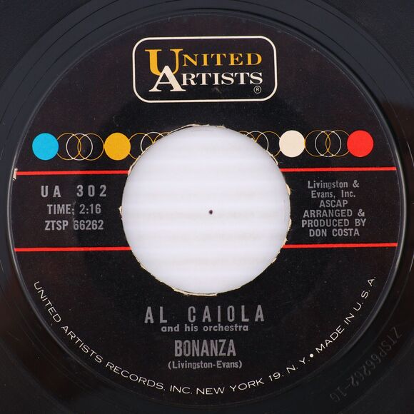 Al Caiola - Bonanza / Bounty Hunter - 1961 45 rpm 7" Single Vinyl Record UA 302 - Picture 1 of 16